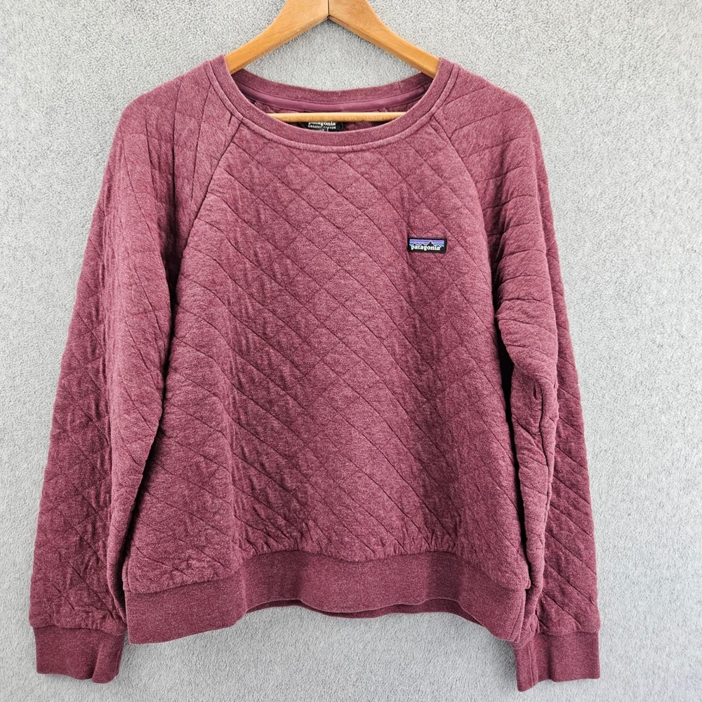 PATAGONIA Cotton Quilt Crewneck Women L Burgundy Pullover Sweatshirt Hiking Gorp